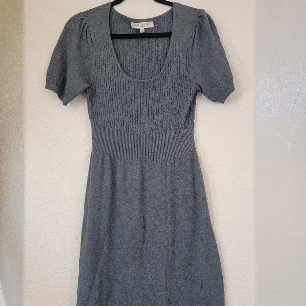 Evan Picone Charcoal Gray Scoop neck Short Puff Sleeve Fit Flare Sweater Dress